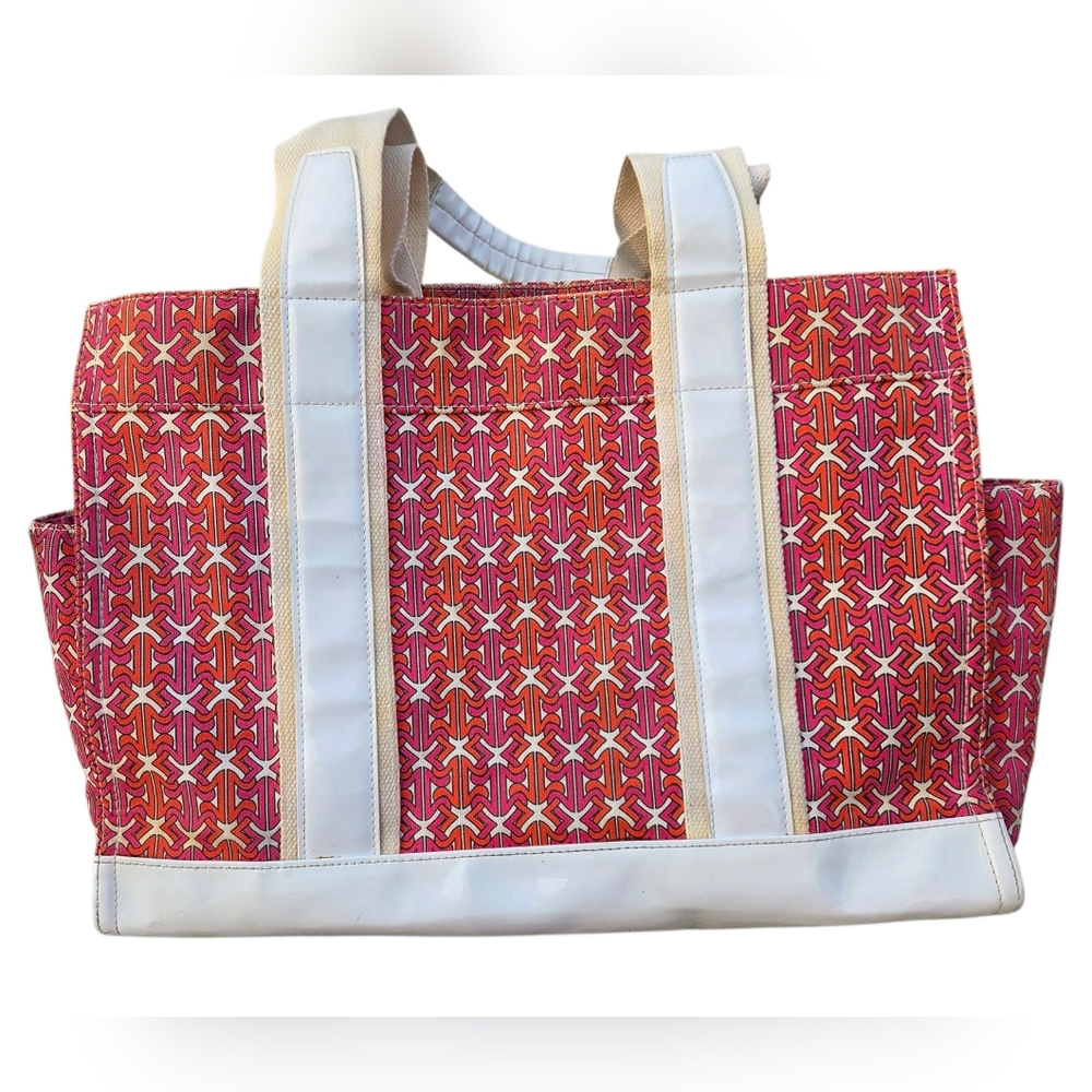 Tory Burch - Large Ella Printed Tote Bag Pink Orange Logo Nylon Patent Trim - Picture 3 of 15